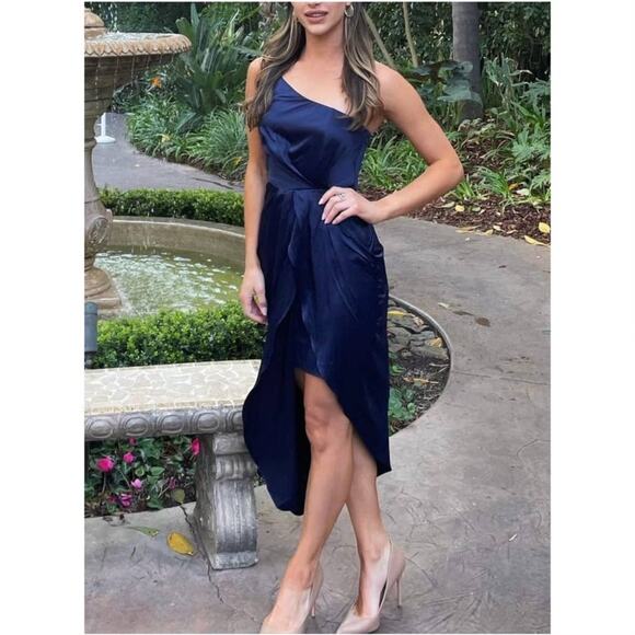 Lulu's Law of Attraction Navy Blue One-Shoulder Asymmetrical Midi Dress XS - Picture 9 of 9